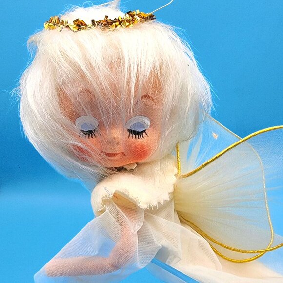 Vintage White Hair Pixie Angel Ornament Japan Organza Dress Tulle Wings 1960s - Picture 8 of 14
